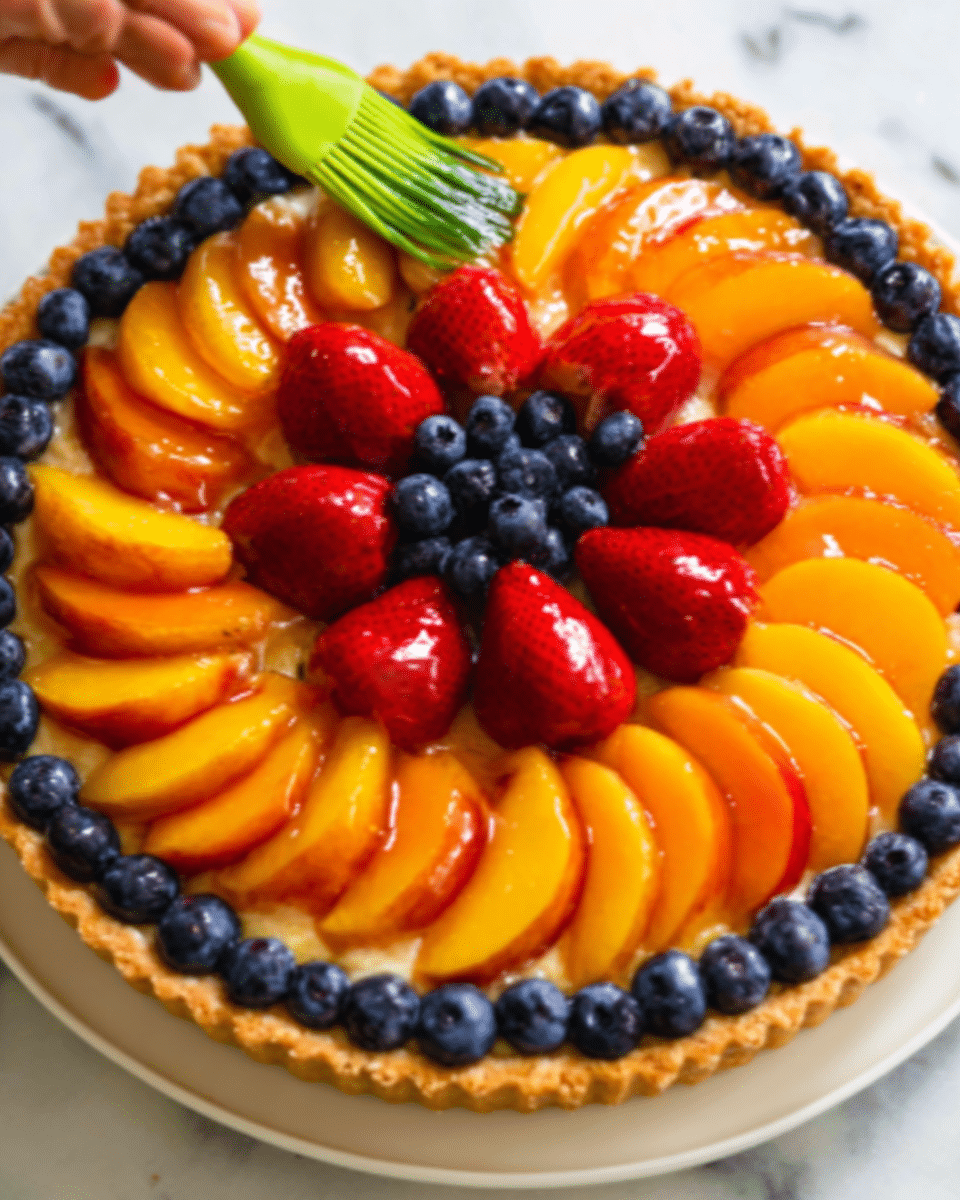 The image shows a round tart with several colorful layers of fruit arranged beautifully on top. The outermost layer consists of small blueberries evenly placed along the edge. Inside this ring, bright orange peach slices are layered in a neat, overlapping pattern. In the center, there are fresh red strawberries forming a tight circle with glossy texture. The very middle of the tart is filled with a small pile of blueberries. A woman’s hand is using a green brush to glaze the strawberries, making them shiny. The tart sits on a white plate, all placed on a white marbled surface. Photo taken with an iphone --ar 4:5 --v 7