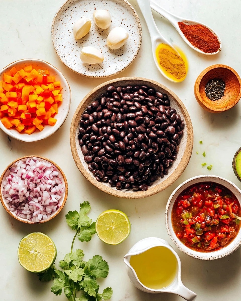The image shows several small white plates and bowls arranged on a white marbled surface, each holding different ingredients. In the center is a round bowl filled with shiny dark brown beans. Above it, a speckled white plate holds three white garlic cloves, a small white bowl with yellow oil, two white spoons each with a powder spice — one orange and one red, and a wooden bowl with a greenish-brown powder. To the left, a white plate contains small diced orange and red vegetables. Below that, a small white bowl has finely chopped red onion next to two lime halves and some green cilantro leaves scattered nearby, with one avocado cut in half showing its seed. On the right side, there is a small white pitcher with a pale yellow liquid and a speckled white bowl with red salsa that has small chunks and black pepper sprinkled on top. photo taken with an iphone --ar 4:5 --v 7