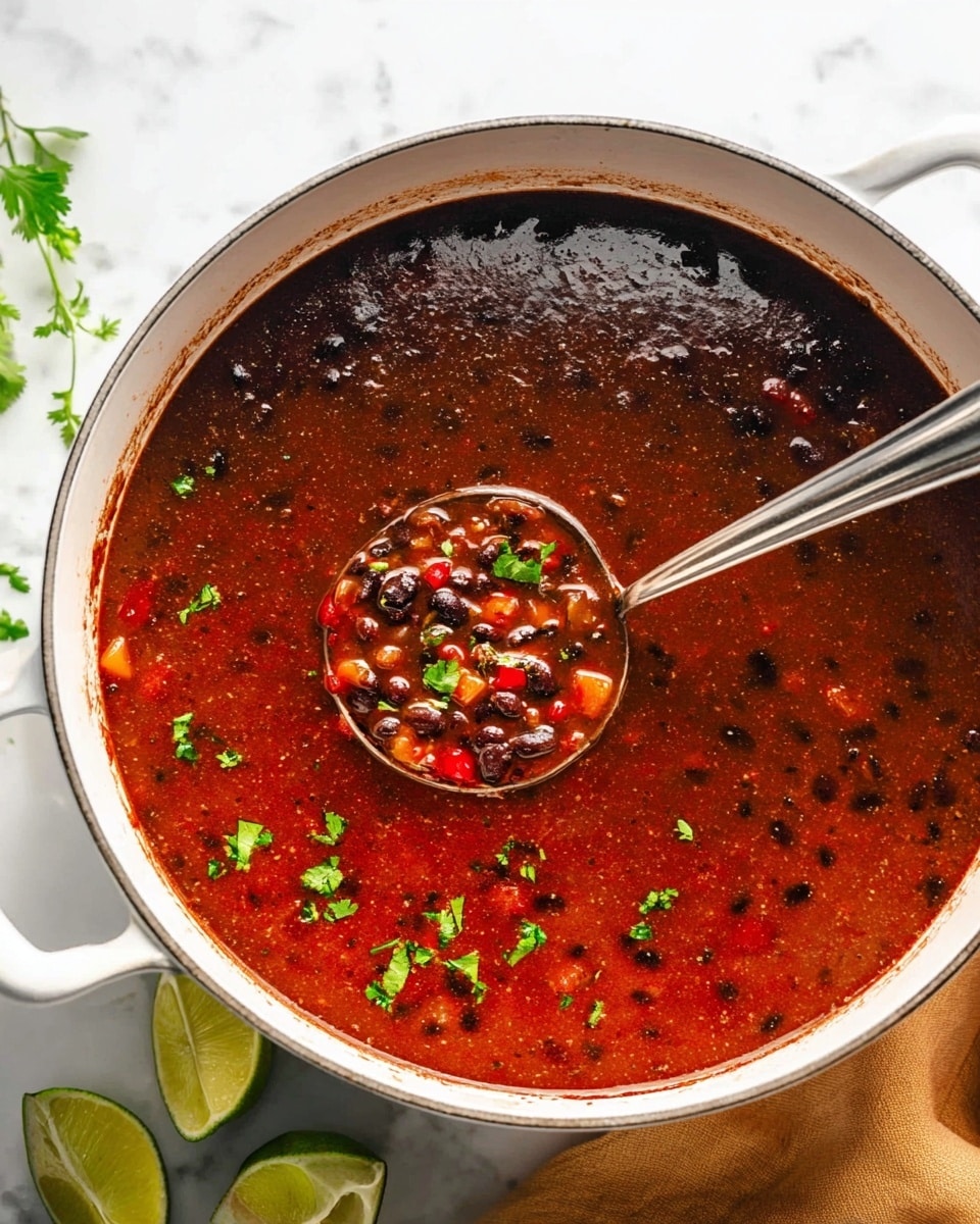 A large white pot filled with dark red soup with a slightly thick texture. The soup contains small black beans, small pieces of red and orange vegetables, and small green herb leaves sprinkled on top. There is a metal ladle resting inside the pot, partially dipped in the soup, showing the smooth texture and colorful ingredients. The pot is placed on a white marbled surface with some lime halves and a mustard-colored cloth beside it. Photo taken with an iphone --ar 4:5 --v 7