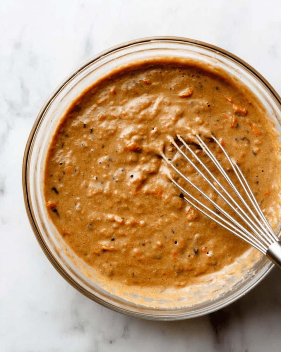 A clear glass bowl filled with a thick, light brown batter mixed with small carrot pieces and specks of darker spices. A metal whisk is partially inside the bowl, resting on the right side, stirring the mixture. The bowl is placed on a white marbled surface, and the batter has a creamy texture with visible bits creating a slightly uneven surface. photo taken with an iphone --ar 4:5 --v 7