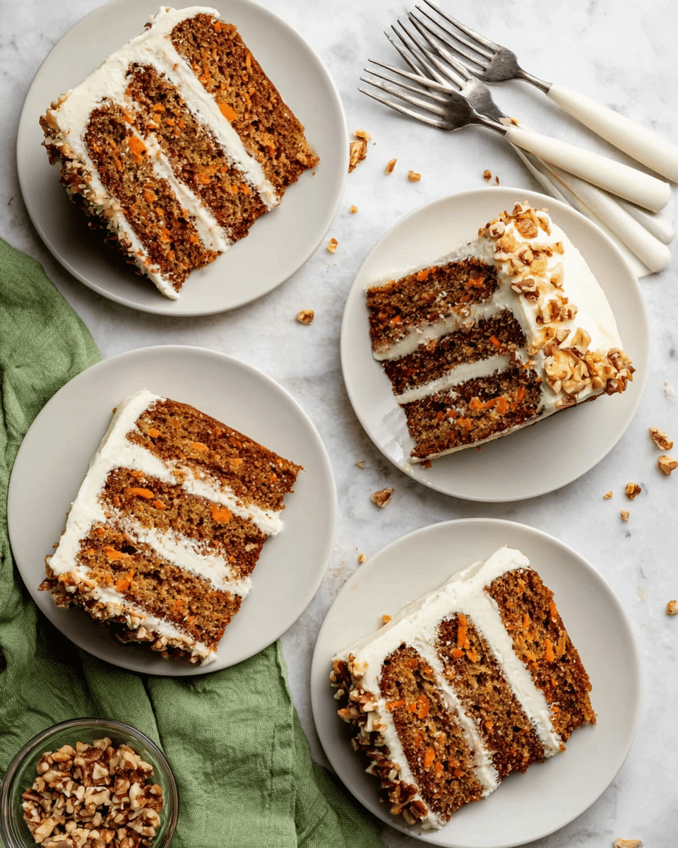 Four slices of three-layer carrot cake are placed on white plates on a white marbled surface. Each slice has three thick brown layers with small carrot and nut pieces visible inside, separated by smooth white cream cheese frosting layers. The outside of each slice is coated with the same creamy white frosting and decorated with chopped nuts around the edges. A small glass bowl filled with chopped nuts sits near the bottom left corner on a green cloth napkin. Four forks with white handles rest together near the top right corner. The scene is bright and clean. photo taken with an iphone --ar 4:5 --v 7