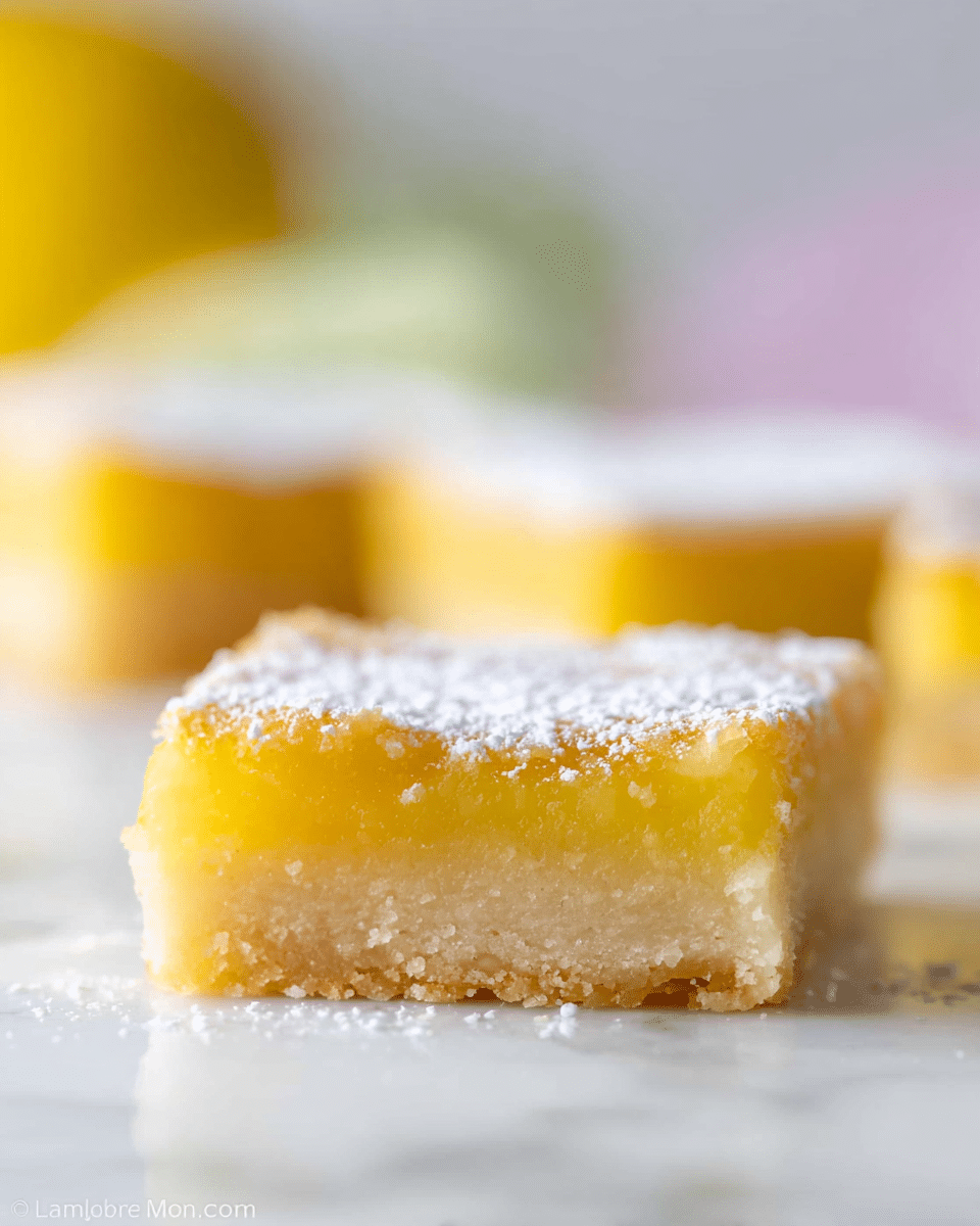A close-up view of square lemon bars on a white marbled surface, showing two distinct layers: a thick, pale golden crust layer with a slightly crumbly texture on the bottom, and a smooth, bright yellow lemon filling on top, which looks soft and moist. The top of the bars is dusted lightly with white powdered sugar. The background is softly blurred with hints of light colors, enhancing focus on the lemon bars. Photo taken with an iphone --ar 4:5 --v 7