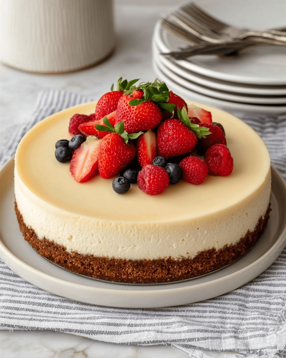 A cheesecake with three clear layers is shown. The bottom layer is a thick brown crumbly crust, the middle layer is a thick creamy white cheesecake filling, and the top layer is a smooth, pale yellow cream. On the top center of the cheesecake, there is a cluster of fresh fruits including whole strawberries and halved strawberries with green leaves, bright red raspberries, and small dark blue blueberries. The cheesecake is placed on a simple white plate, sitting on a white marbled textured surface with a soft striped fabric underneath. In the background, a stack of white plates with silver forks on top and a white marble jar are partially visible. Photo taken with an iphone --ar 4:5 --v 7