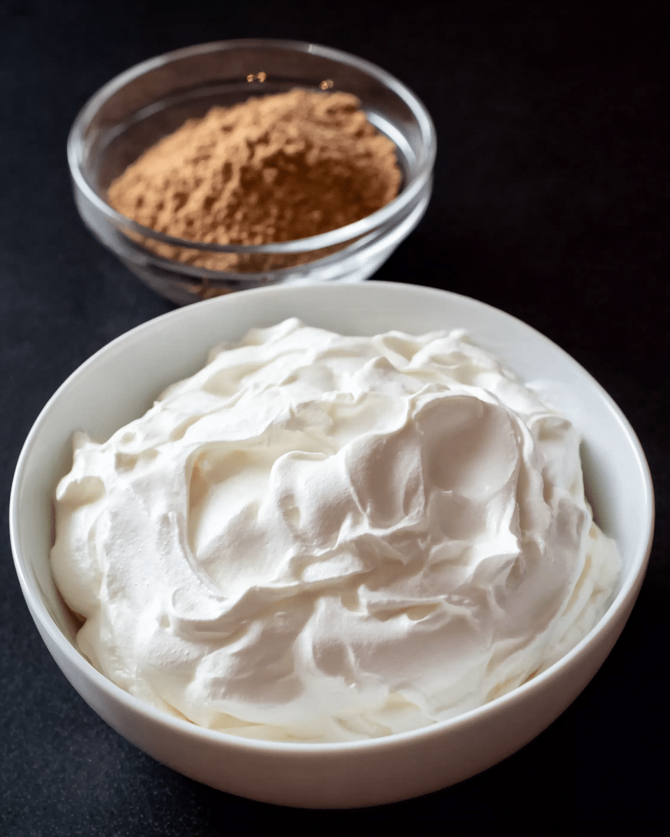 A close-up image shows a large white bowl filled with a thick, fluffy white cream with soft peaks and gentle folds, creating a smooth, airy texture. Behind it, there is a smaller clear glass bowl containing a light brown powdery substance that is slightly coarse. Both bowls are placed on a simple black surface that contrasts with their colors. The focus is sharp on the white cream, highlighting its softness and thickness while the brown powder is slightly blurred in the background. photo taken with an iphone --ar 4:5 --v 7