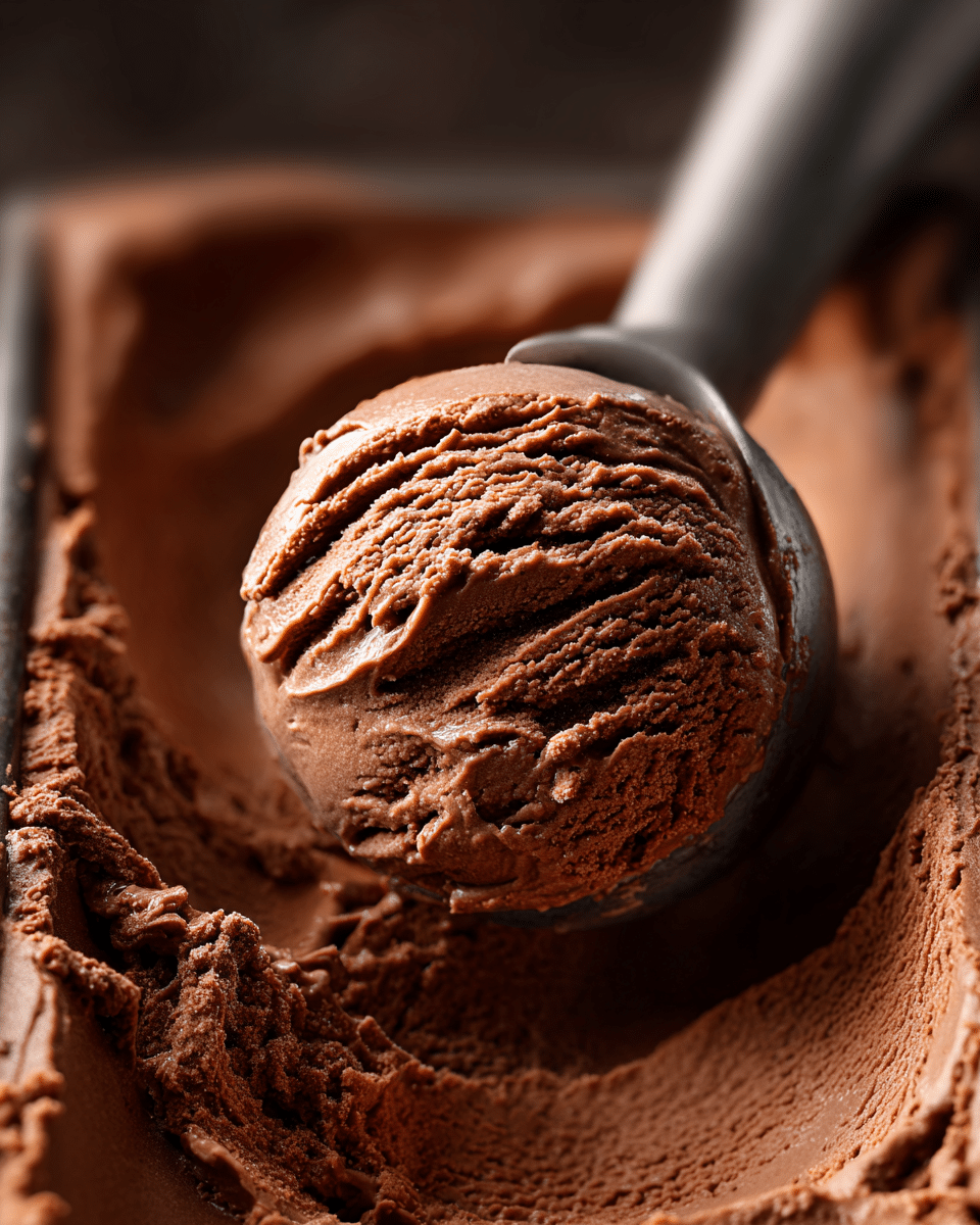 A close-up view of a single scoop of rich, creamy chocolate ice cream held by an ice cream scooper above a container filled with more chocolate ice cream; the scoop shows smooth, slightly textured swirled chocolate layers, soft and thick in appearance, with some ice cream spread lightly on the metal scooper's edge, all set against a dark, blurred background. Photo taken with an iphone --ar 4:5 --v 7