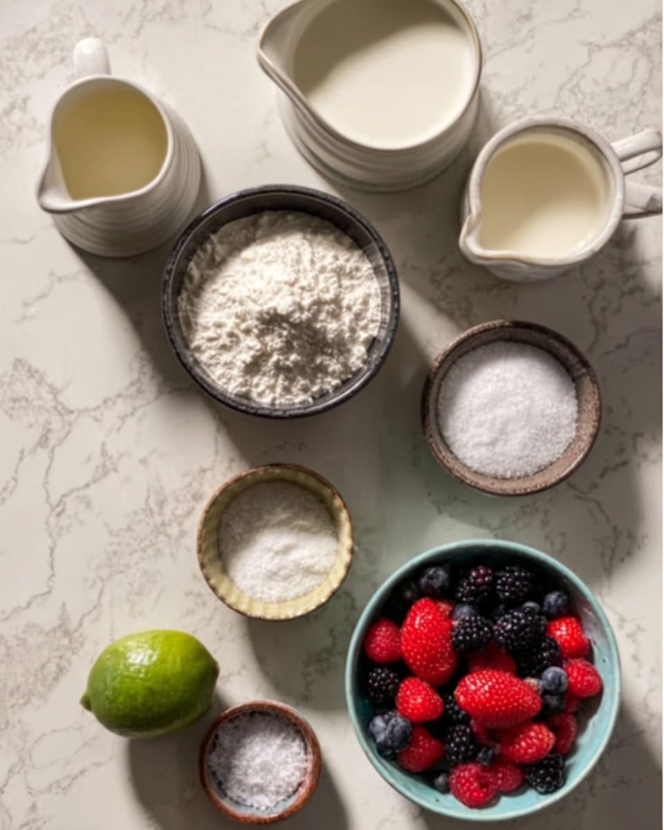 The image shows a top view of several small containers holding different ingredients on a white marbled surface. There are three small white pitchers with liquid, likely milk or cream, arranged around the top and right side. In the center, a black bowl filled with white flour is visible. Below it, two smaller earthen bowls hold granulated salt and coarse sugar. A small green lime is placed near the bottom center. On the bottom right, a light blue bowl contains fresh mixed berries including strawberries, raspberries, and blackberries. The whole arrangement is neatly organized with soft natural light. Photo taken with an iphone --ar 4:5 --v 7