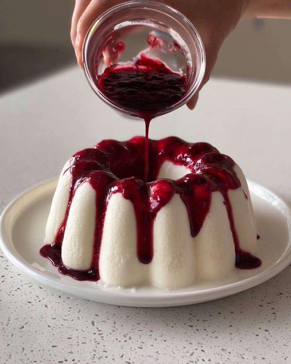 A white ring-shaped dessert with a smooth, slightly textured surface sits on a white plate, placed on a white marbled texture surface. The dessert has evenly spaced vertical ridges all around it, giving it a fluted appearance. A woman's hand is pouring dark red sauce with a shiny, thick texture from a small clear glass container that pours over the top and sides of the dessert, creating irregular drips down the ridges. The contrast between the creamy white dessert and the rich red sauce is visually striking. Photo taken with an iphone --ar 4:5 --v 7