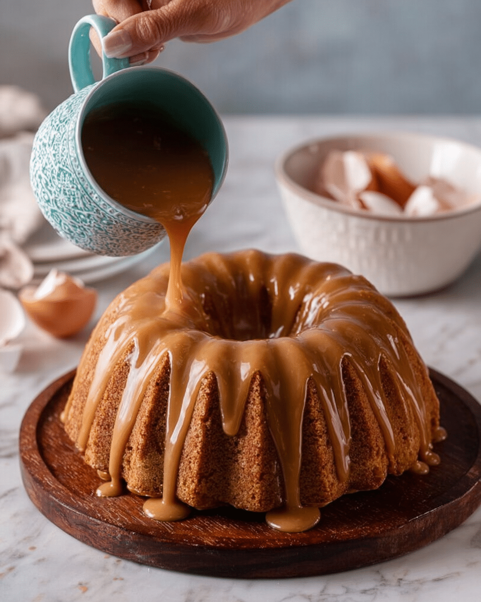 A round bundt cake with a light brown color sits on a dark wooden board, topped with thick caramel sauce being poured from a teal patterned cup by a woman's hand. The sauce flows thickly, covering the top and dripping down the ridged sides of the cake. In the background, there are broken eggshells and an empty white bowl placed on a white marbled surface. photo taken with an iphone --ar 4:5 --v 7
