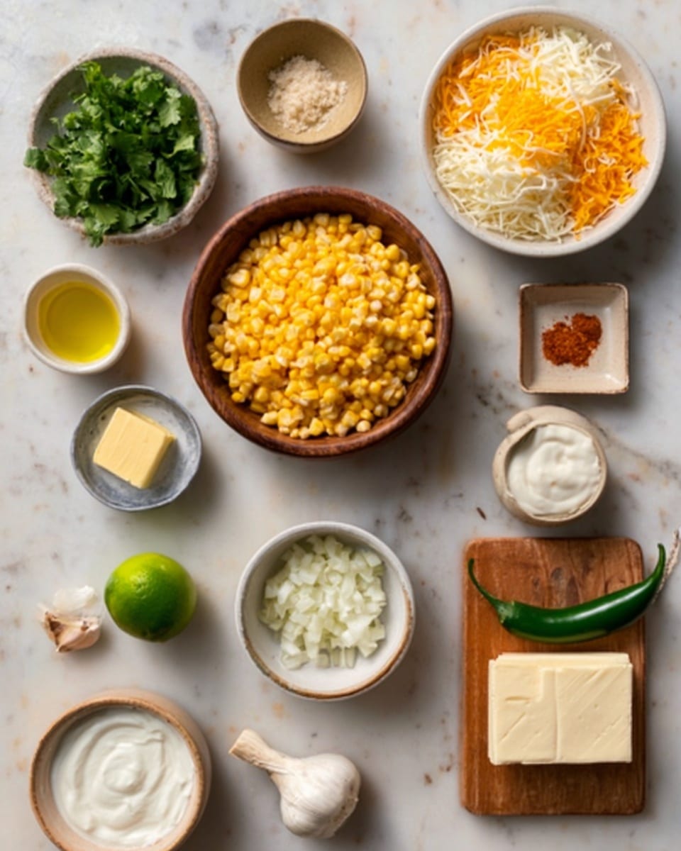 The image shows an assortment of ingredients arranged neatly on a white marbled surface. In the center, there is a wooden bowl filled with yellow corn kernels. To the top right, a white bowl holds a mix of shredded orange and white cheeses. Above it, there is a small brown bowl with finely chopped white onions. To the top left, a white bowl contains fresh green herbs, likely cilantro. On the middle left, a small white bowl with a yellow liquid, probably olive oil, is visible next to a tiny brown dish with a square of butter. A white bowl near the bottom left has a creamy light liquid, while below it is a bowl with thick white cream. In the middle bottom section, a fresh green lime and a green chili pepper are placed near some white garlic cloves. To the right, a rectangular wooden dish contains a block of cream cheese. Below it, small white bowls hold spices in powdered form, including salt and a red spice. The setup is orderly and evenly spaced. There is a woman's hand (only fingers visible) holding a small spoon near the bottom center. Photo taken with an iphone --ar 4:5 --v 7