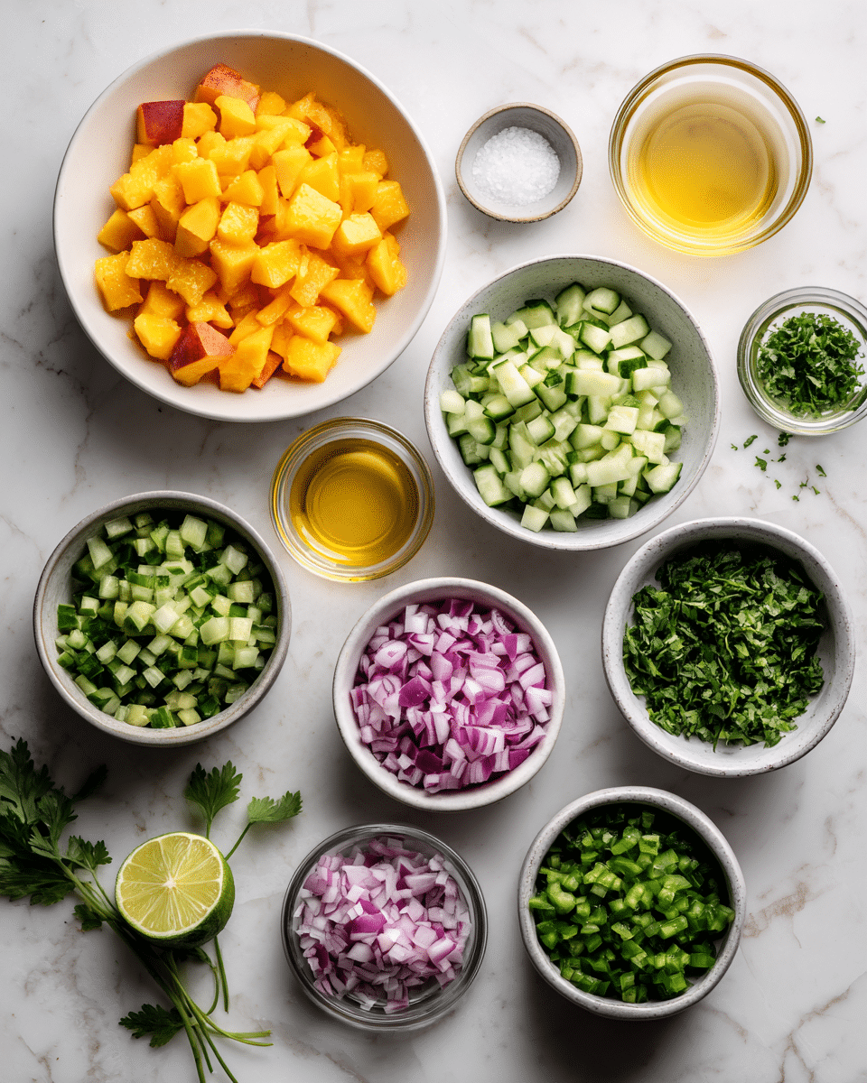 Top-down professional food photography, flat lay style, bright white marble countertop, neatly arranged, evenly spaced, tidy, clean organized layout, include: small bowl of finely chopped peaches, small bowl of finely diced cucumber, small bowl of finely chopped poblano peppers, small bowl of finely diced red onion, small bowl of finely chopped fresh parsley, small glass cup of lime juice, small bowl of salt, small glass cup of olive oil, bright soft natural lighting, sharp focus, high detail textures, realistic reflections, professional DSLR look, 4K, no finished dish, no cooked food, no hands, no text, no watermark, no brand logos --ar 4:5 --v 7