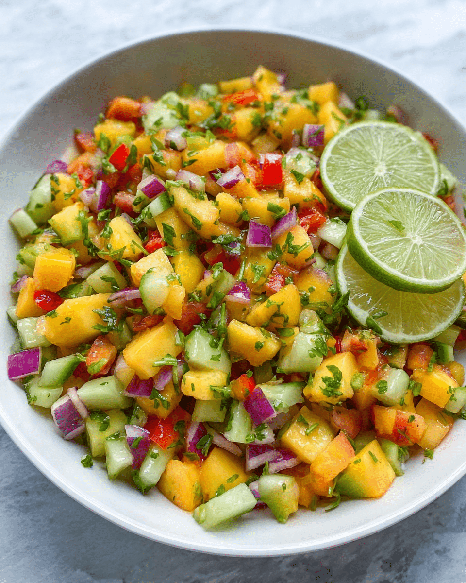 A white bowl holds a colorful mix of small diced vegetables and fruits layered together, including bright yellow peach pieces mixed with green cucumber cubes, small bits of red and purple onion, and red bell pepper pieces, all sprinkled lightly with fresh green herb leaves. On the right side of the bowl, two thin lime slices sit gently on top of the mixture. The background is a white marbled surface. photo taken with an iphone --ar 4:5 --v 7