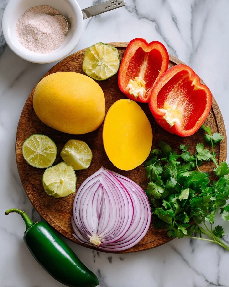 A wooden round board placed on a white marbled surface holds a variety of fresh ingredients including one whole yellow mango, two peeled yellow mango halves, two bright red bell pepper halves showing their white seeds and stem, two lime halves with light green flesh, a bunch of fresh green cilantro on the right side, and a halved red onion with white and purple rings. Below the board, a whole green jalapeño lies on the white marbled surface. To the top left corner, there is a white bowl filled with a light pink seasoning powder and a measuring spoon inside it. Photo taken with an iphone --ar 4:5 --v 7