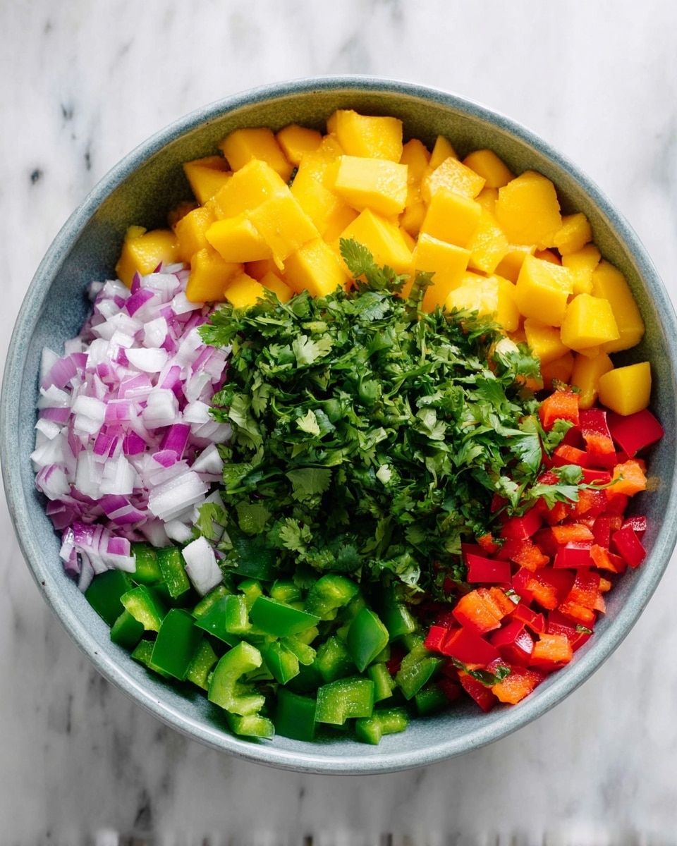 A white bowl holds five sections of chopped fresh ingredients arranged side by side. At the top right are bright yellow mango cubes with a smooth, juicy texture. To their left, finely diced light purple and white onions offer a crisp look. Below the onions, a section of chopped green bell peppers shines with a fresh, firm texture. Next to them, at the bottom right, are small red bell pepper pieces with a glossy shine. Covering part of the onions and peppers is a generous pile of fresh, leafy green cilantro, adding a textured and leafy layer. The bowl is placed on a white marbled surface. photo taken with an iphone --ar 4:5 --v 7