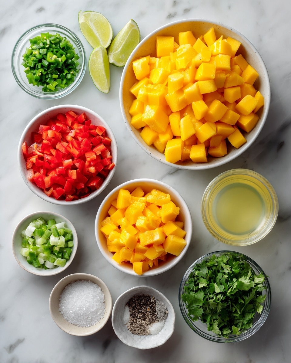 Top-down professional food photography, flat lay style, bright white marble countertop, neatly arranged, evenly spaced, tidy, clean organized layout, include: bowl of diced ripe mango, small bowl of diced red bell pepper, small bowl of chopped green onions, small bowl of finely diced jalapeno, small bowl of chopped fresh cilantro, small glass cup of lime juice, small bowls of salt and pepper, bright soft natural lighting, sharp focus, high detail textures, realistic reflections, professional DSLR look, 4K, no finished dish, no cooked food, no hands, no text, no watermark, no brand logos --ar 4:5 --v 7