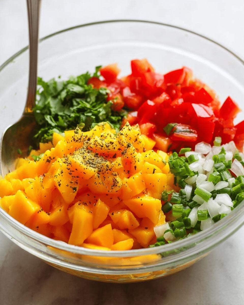 The image shows a clear glass bowl filled with finely chopped bright orange mango pieces in the front center, topped with a sprinkle of black pepper and fresh green chopped cilantro on the left side. To the right, there are small, diced red tomatoes, and behind them, finely chopped white and green onions mixed together creating a fresh, crisp look. A silver spoon rests inside the bowl on the left side, and the bowl is set on a white marbled surface. Photo taken with an iphone --ar 4:5 --v 7