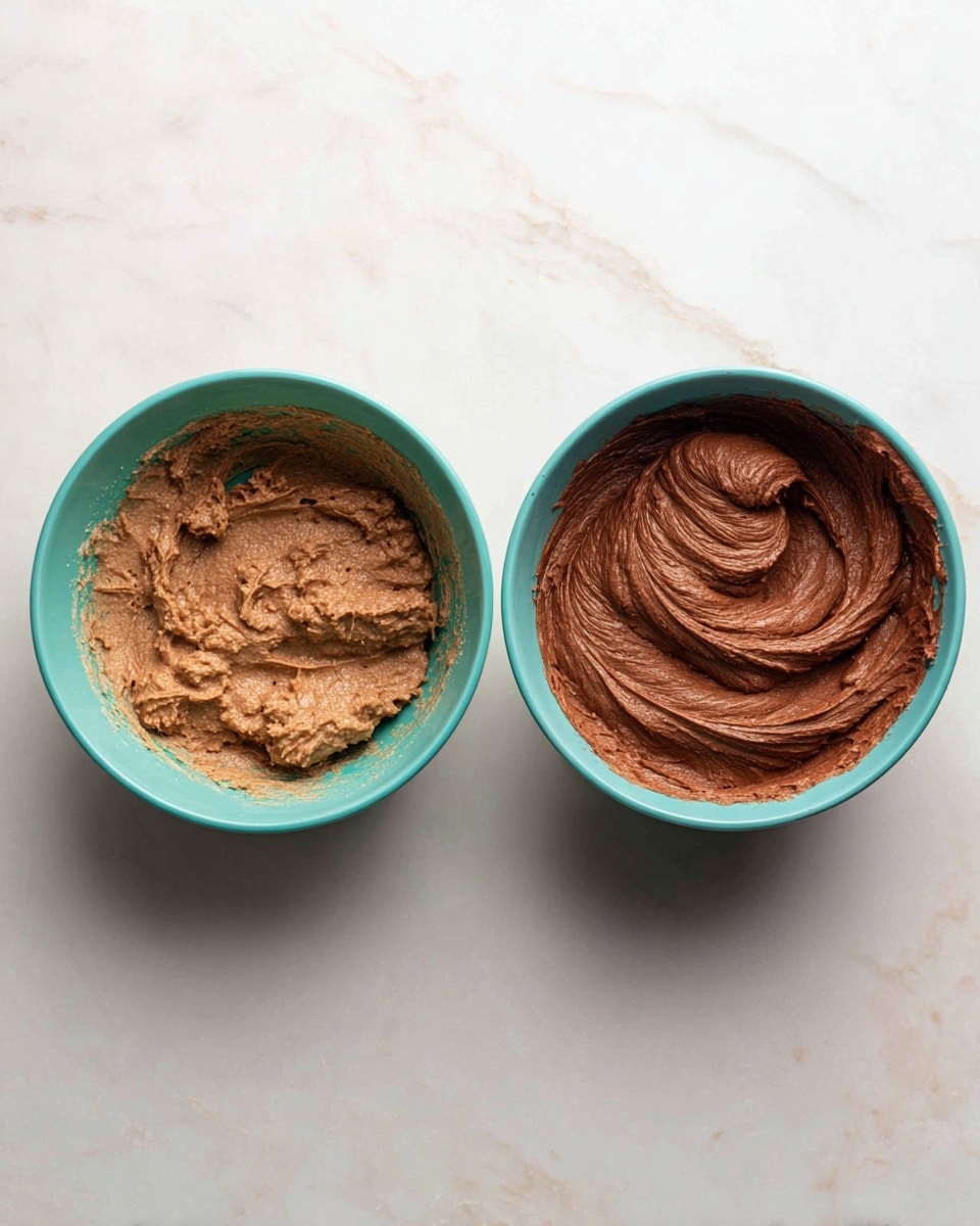Two photos side by side show a teal bowl on a white marbled surface with two different stages of a brown batter inside. The left photo has a lighter brown batter with a rough, chunky texture spread unevenly in the bowl. The right photo shows a darker brown batter with a smoother, thicker, and more blended texture, gathered in a swirl pattern with some smooth ridges, filling the bowl evenly. Photo taken with an iphone --ar 4:5 --v 7