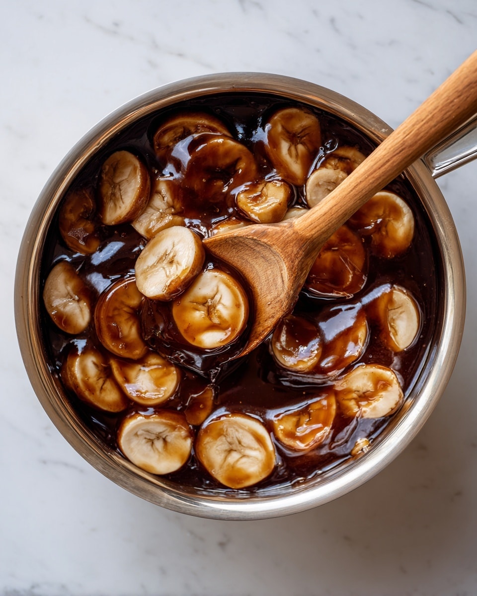 The images show a close-up view of a small silver pot filled with cooked slices of food in a shiny brown sauce. The slices are light brown with smooth, curved edges, and they cover the whole surface inside the pot. The sauce looks thick and dark brown, coating each slice evenly, making the food look glossy and soft. A wooden spoon is stirring the slices, lifting some of them gently from the bottom. The background shows a white marbled surface. photo taken with an iphone --ar 4:5 --v 7