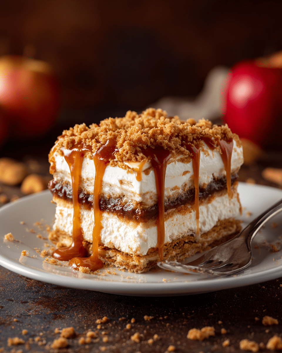 The image shows a thick piece of layered dessert on a white plate with a silver fork lying beside it. The dessert has three main layers: a light, fluffy cream layer on top and bottom, with a dark chocolate or caramel layer in the middle. The top is covered with golden brown crumbled bits and thick, shiny caramel sauce that drips slightly down the sides. The background features out-of-focus dark and warm colors with a red apple in the back. The plate sits on a wooden surface with scattered crumbs around. Photo taken with an iphone --ar 4:5 --v 7