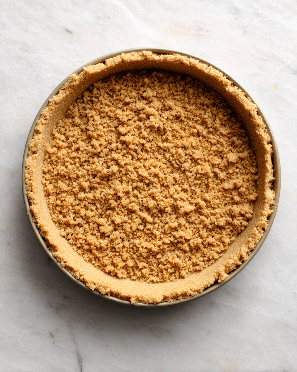 A close-up of a round baking pan filled with a single layer of light brown, crumbly biscuit crust pressed evenly against the bottom and sides. The crust has a rough texture with small, uneven crumbs, and the pan rests on a piece of parchment paper over a white marbled surface. The edges of the crust are slightly thicker, forming a raised border around the pan. Photo taken with an iphone --ar 4:5 --v 7
