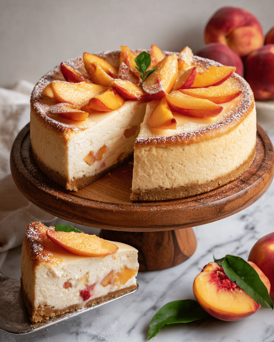 A creamy cheesecake sits on a wooden cake stand, showing a thick crust base with a light tan color and a dense texture. Above the crust is a smooth cream cheese layer with a pale beige tone, dotted with pieces of cooked peaches that add a soft, bright orange and red color inside. The top layer is decorated with thin, glossy slices of fresh peaches, arranged in a circular pattern, with a dusting of powdered sugar adding a soft white contrast. In the background, peaches with green leaves rest gently on a white marbled surface. A silver cake server lifts a slice from the cake. Photo taken with an iphone --ar 4:5 --v 7