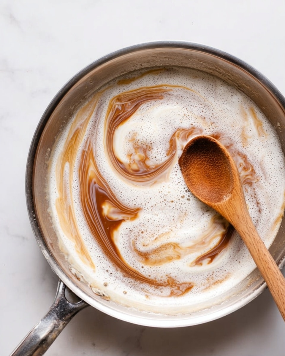 A silver pan filled with a creamy white sauce that is swirling with a rich brown liquid in the center, creating a marbled pattern. A wooden spoon is partially dipped into the sauce, stirring it gently. The pan rests on a white marbled surface, and the textures inside the pan appear smooth and frothy, with visible bubbles around the edges. Photo taken with an iphone --ar 4:5 --v 7