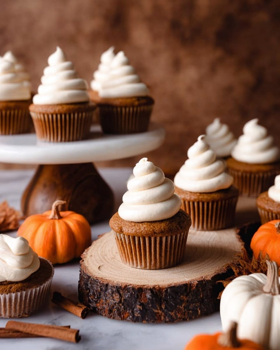 This image shows many cupcakes with two main parts. The bottom part is a brown cake that looks soft and moist. On top, there is a tall swirl of smooth, light cream frosting shaped like a small cone that gets thinner toward the top. The cupcakes are placed in white paper liners. Some cupcakes are on a round wooden stand with a bark edge in the background, while others sit directly on a white marbled surface. Small orange and white pumpkins and cinnamon sticks are scattered around the cupcakes, adding a cozy feel. In the front left, a woman's hand holds one cupcake. The backdrop is warm brown with a rough texture. Photo taken with an iphone --ar 4:5 --v 7