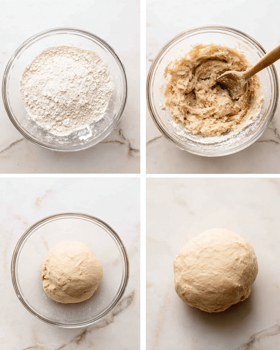 The image shows four steps of making dough in clear glass bowls on a white marbled surface. The first step shows a bowl with white flour spread evenly inside. The second step shows a rough, sticky beige dough mixture with a wooden spoon on the right side inside the bowl. The third step displays the dough shaped into a smooth ball resting in the center of the bowl. The fourth step shows the same dough ball now larger and more puffy, filling more space inside the bowl. Photo taken with an iphone --ar 4:5 --v 7