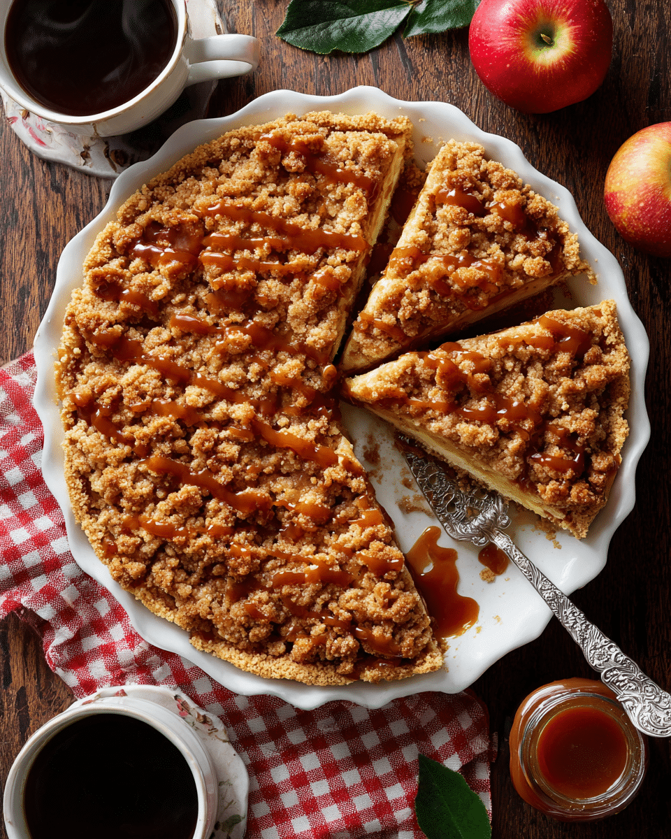 A round crumb cake in a white scalloped ceramic pie dish is shown with one large slice and one smaller slice cut out, revealing a soft, light golden base layer topped with a thick layer of chunky, caramel-colored streusel crumb topping. The streusel has a rough texture and looks sprinkled with caramel sauce drizzled unevenly on top. Part of a decorative silver cake server rests inside the dish under the cut slices. The dish is placed on a dark wooden surface with a red and white checked cloth beside it. Two white mugs filled with dark coffee are visible in the top left, along with a small jar of caramel sauce to the right and two red apples with green leaves near the bottom and top edges of the image. Photo taken with an iphone --ar 4:5 --v 7