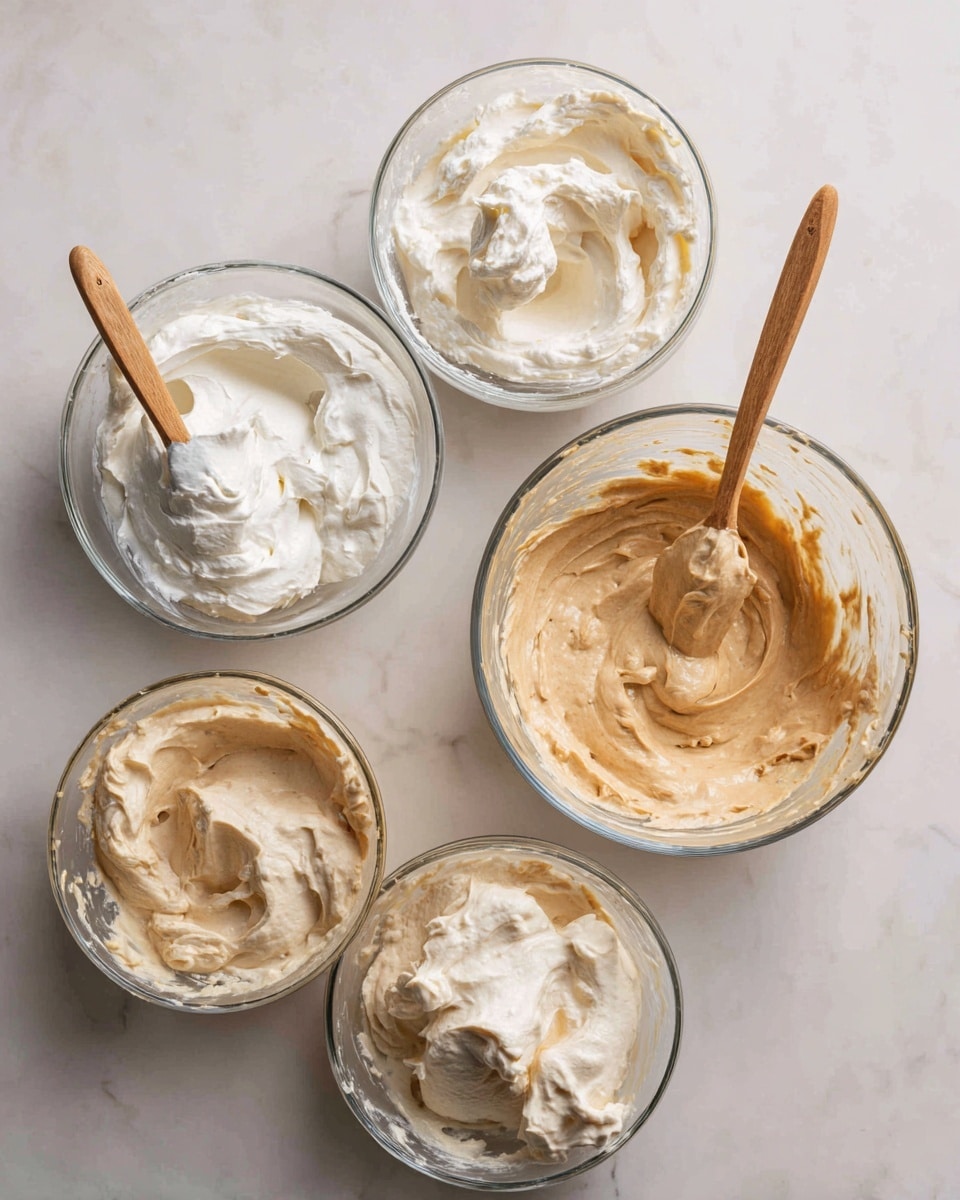 The image shows four clear glass bowls with different thick mixtures inside. The first bowl has a white, fluffy whipped mixture with soft peaks, smooth and light in texture. The second bowl contains a light beige, thick batter mixed with small bits, stirred by a wooden spoon on the right side. The third bowl shows the same beige batter with dollops of the white whipped mixture on top, with a wooden spoon partly submerged under the mix. The last bowl has a smooth combined beige batter, slightly speckled with darker bits and being stirred by the wooden spoon on the right side. All bowls are placed on a white marbled surface. photo taken with an iphone --ar 4:5 --v 7