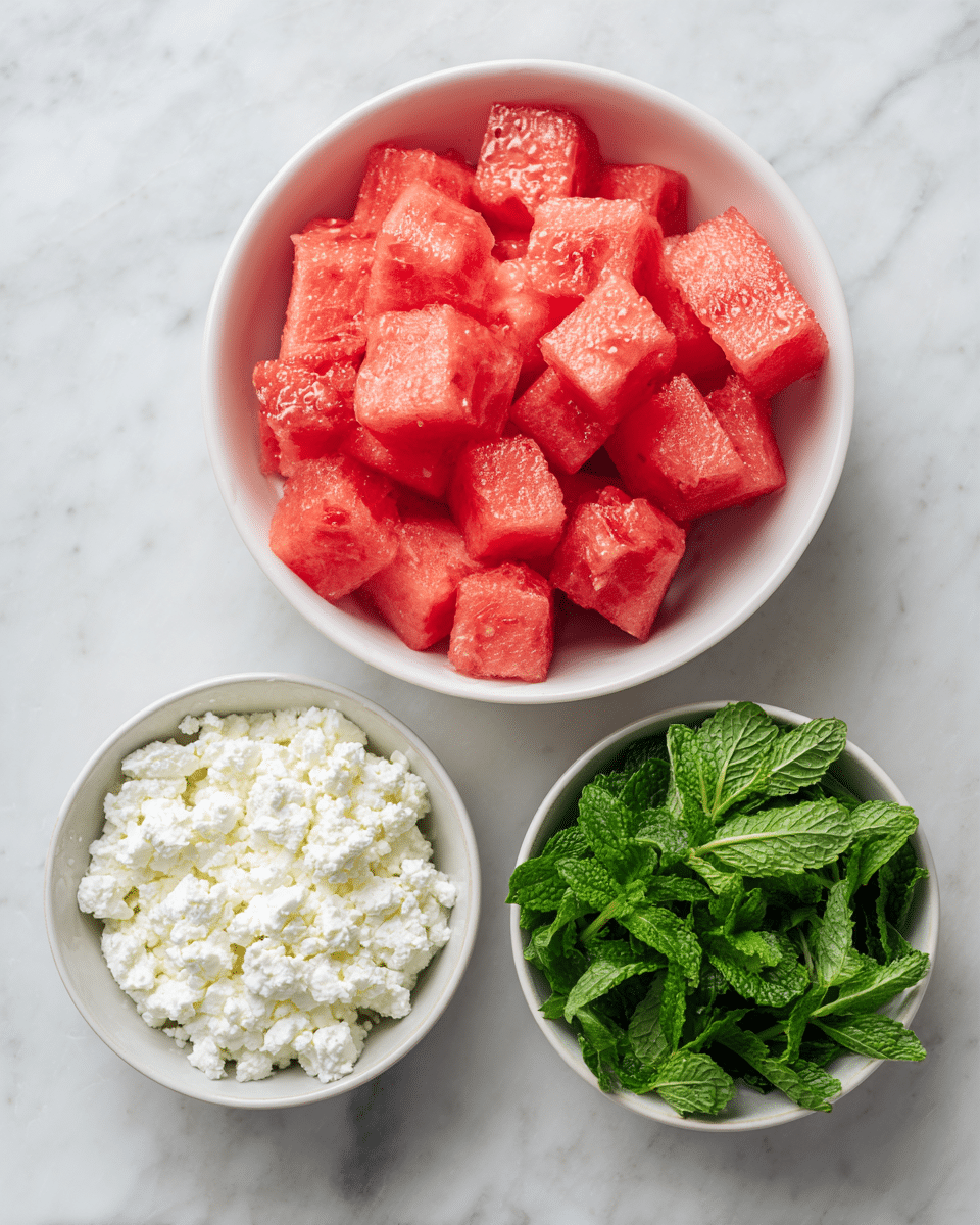A top view of three white bowls on a white marbled surface. The largest bowl at the top center is filled with bright red watermelon cubes, each piece showing a juicy texture with a wet shine. Below it, on the left, a smaller bowl holds small, fluffy white cottage cheese curds with a soft texture. To the right of the cottage cheese, another small bowl is filled with fresh green mint leaves, showing detailed veins and a crisp look. photo taken with an iphone --ar 4:5 --v 7