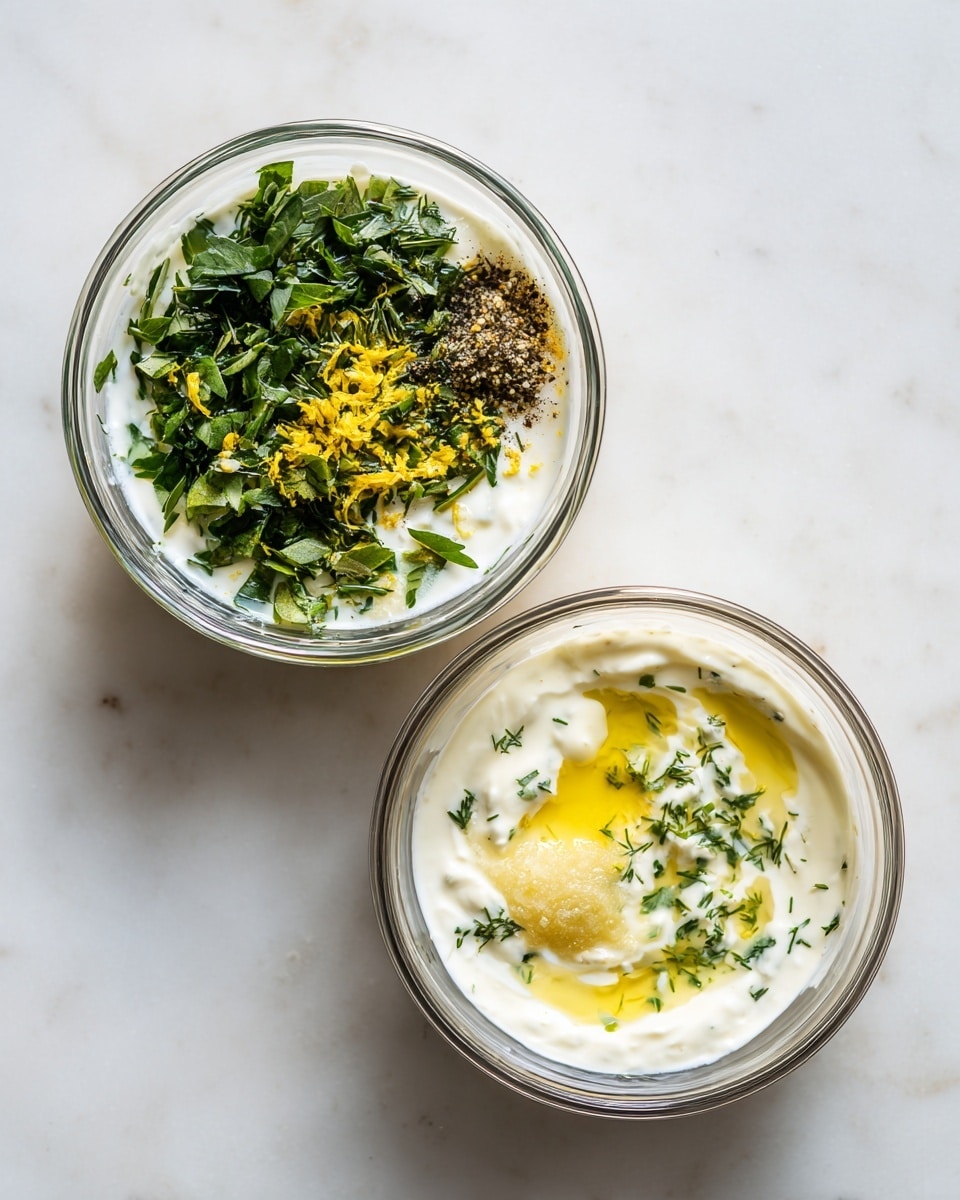 A clear glass bowl sits on a white marbled surface holding a mix of layers: a white creamy base of yogurt, topped unevenly with bright green chopped herbs, dark green leaves, yellow lemon zest, a drizzle of golden olive oil, a small pile of black pepper, and a pale yellow mustard or garlic paste. Next to it, the same bowl shows the ingredients blended into a smooth creamy sauce with flecks of green herbs and tiny bits of yellow zest in a pale white mix. photo taken with an iphone --ar 4:5 --v 7