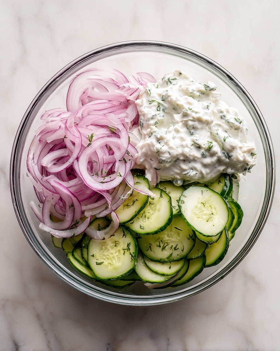 A clear glass bowl filled with three main layers: on the bottom are thin green cucumber slices with light green centers and darker green skin, piled thickly; on top left side are thinly sliced light purple-red onion strips; to the right side is a generous scoop of creamy white sauce with small green herb flecks mixed in, giving it texture. The bowl sits on a white marbled surface. photo taken with an iphone --ar 4:5 --v 7