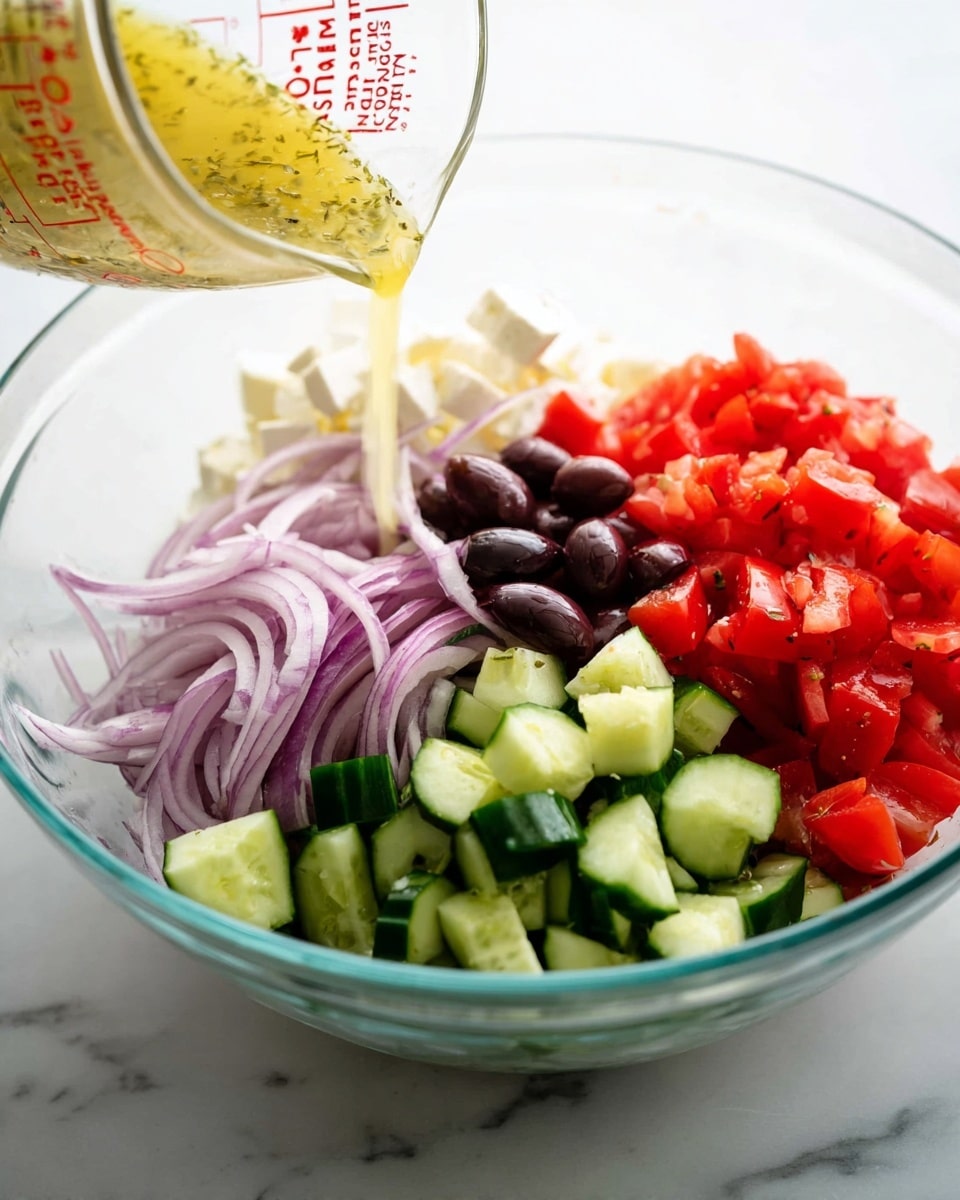 A clear glass bowl holds layers of fresh salad ingredients on a white marbled surface. The bottom layer shows chopped cucumbers with their dark green skin and light green inside on the right side. Next to them, bright red chunks of tomato take up the top right area. Thin strips of pale purple onions cover the left side, with dark purple sliced olives beneath them. Small white cubes of cheese sit in the bottom left corner. Over the salad, a woman's hand pours a light yellow dressing from a clear measuring cup, with herbs visible in the liquid. Photo taken with an iphone --ar 4:5 --v 7