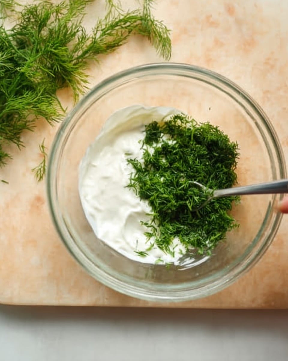 A clear glass bowl sits on a white marbled surface, filled with two main layers of ingredients. On one side, there is a pile of finely chopped green dill, showing a fresh, leafy texture. On the other side, there is a thick, smooth layer of white yogurt or sour cream. In the top left corner, some sprigs of fresh dill rest on the white marbled surface near the bowl. The scene has soft natural light and a woman’s hand holds a metal spoon dipping slightly into the bowl. photo taken with an iphone --ar 4:5 --v 7