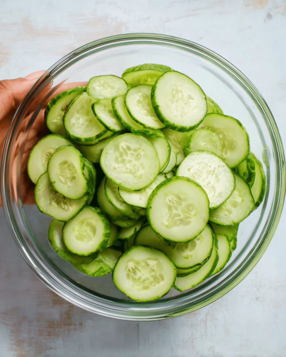 The image shows a clear glass bowl filled with many thin, round cucumber slices. Each cucumber slice is light green inside with a darker green skin around the edges, and you can see the tiny seeds in the center of each slice. The bowl is sitting on a white marbled textured surface. At the top left of the bowl, a woman's hand is holding it gently, adding a sense of scale and interaction. The light shines softly on the cucumbers, highlighting their fresh and moist texture. Photo taken with an iphone --ar 4:5 --v 7