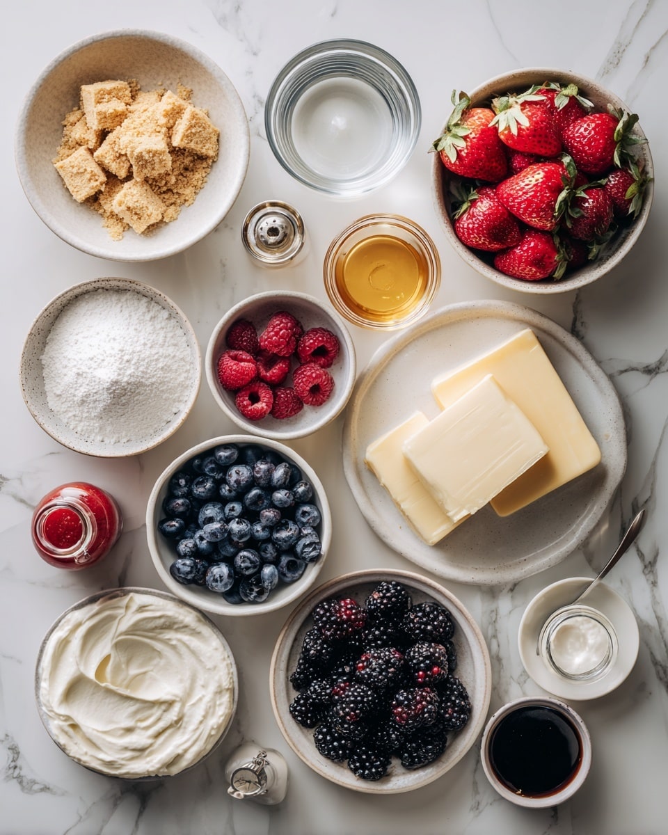 Top-down professional food photography, flat lay style, bright white marble countertop, neatly arranged, evenly spaced, tidy, clean organized layout. Include: small bowl of graham cracker crumbs, small plate of melted butter, medium bowl of strawberries, medium bowl of raspberries, small glass cup of water, small bowl of cornstarch, medium bowl of blueberries, medium bowl of blackberries, two blocks of cream cheese on a small plate, medium bowl of plain Greek yogurt, small bottle of vanilla flavoring, small bowl of powdered sugar, medium bowl of heavy cream, small jar of red gel food coloring, small jar of blue gel food coloring. Bright soft natural lighting, sharp focus, high detail textures, realistic reflections, professional DSLR look, 4K, no finished dish, no cooked food, no hands, no text, no watermark, no brand logos --ar 4:5 --v 7
