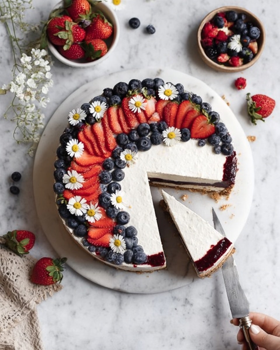 A round cake with three layers is shown on a white marbled surface. The bottom layer is a light brown crust, the middle layer is a dark red filling, and the top layer is thick white cream. The top of the cake is decorated with a ring of fresh blueberries, sliced red strawberries, and small white flowers with yellow centers. Two slices of the cake have been cut and slightly pulled out, revealing the layers inside. Nearby, there are small bowls of mixed berries and scattered strawberries and blueberries on the white marbled surface. A woman's hand is holding a knife next to the cake. photo taken with an iphone --ar 4:5 --v 7
