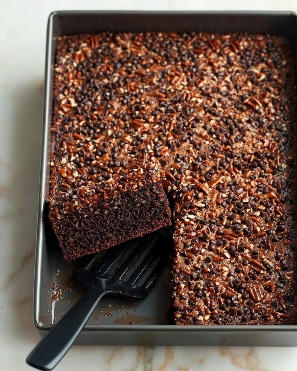 The image shows a large rectangular chocolate cake in a dark metal baking pan on a white marbled surface. The cake has one slice taken out, revealing a dense, moist, and dark brown inside layer. The top is fully covered with a thick layer of small pecan pieces and small chocolate chips, giving a textured and nutty look. A black spatula rests inside the pan near the missing slice, ready to serve. The edges of the cake are slightly raised and firm, contrasting with the soft middle. Photo taken with an iphone --ar 4:5 --v 7