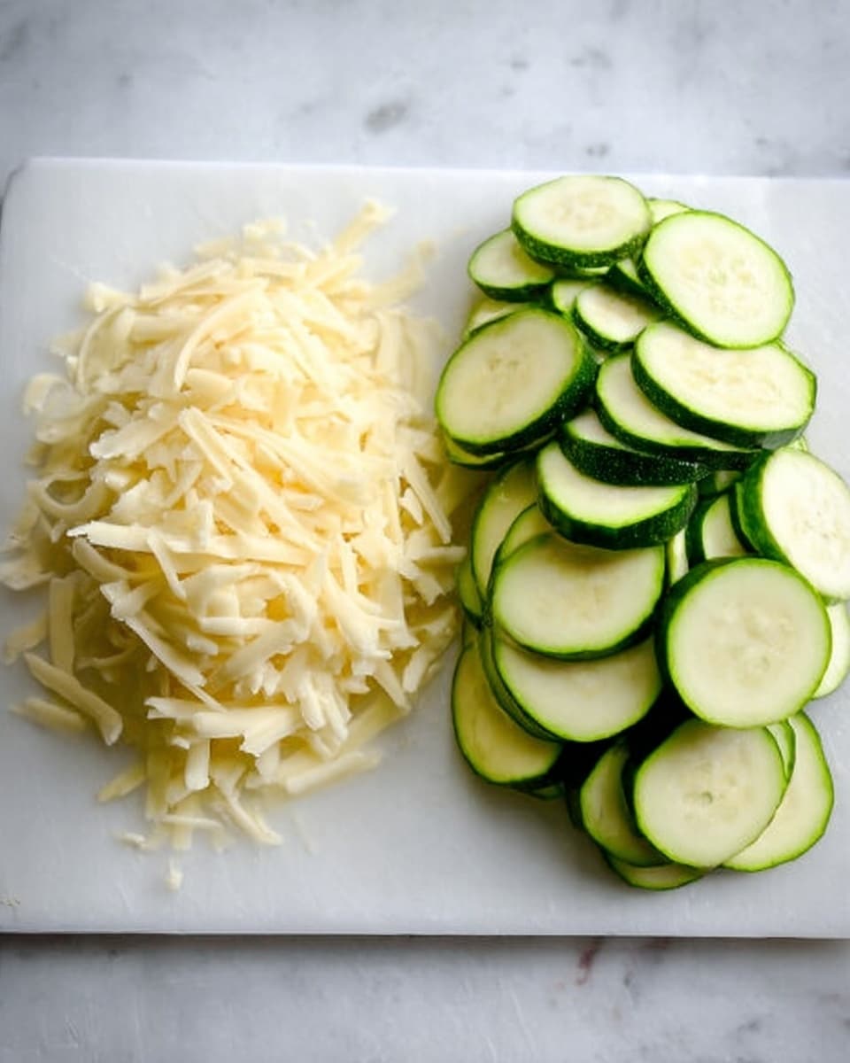 The image shows a white cutting board placed on a white marbled surface. On the left side of the board, there is a pile of pale yellow shredded cheese with a soft texture. On the right side, there is a pile of thinly sliced round green zucchini pieces, showing their light green inside and dark green skin. The slices are stacked loosely, some overlapping each other. photo taken with an iphone --ar 4:5 --v 7
