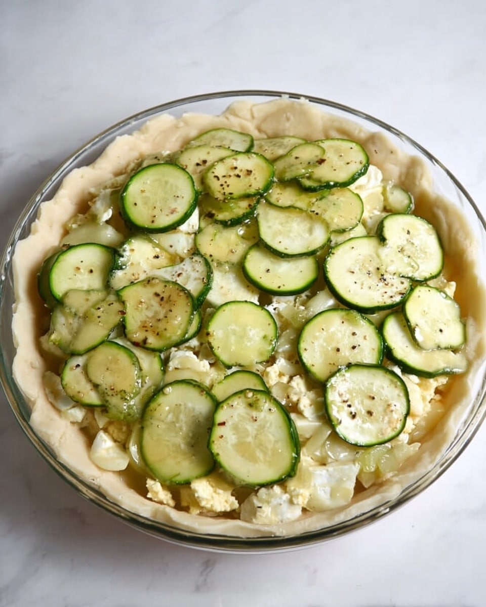 A round clear glass pie dish holds a layered dish placed on a white marbled surface. The base layer is smooth, light beige dough pressed evenly into the dish forming a thick crust along the edges. On top of the dough is a layer of small white and pale yellow pieces that appear soft and crumbly, resembling cheese or scrambled eggs. The top layer is made of many light green, thin round slices of zucchini, scattered evenly across the entire surface with small specks of black pepper spread on them. The overall look is fresh with mixed soft and firm textures. photo taken with an iphone --ar 4:5 --v 7