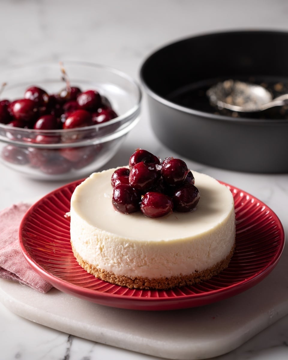 The image shows a round cheesecake with a smooth, creamy white top layer sitting on a red fluted plate. The cheesecake has a crumbly crust visible slightly around the edges. On top of the cheesecake, in the center, there is a small pile of dark red cherries with a shiny texture. To the left of the cheesecake is a clear glass bowl filled with more cherries and a silver spoon resting inside it. Above the bowl and cheesecake is an empty black non-stick pan with some crumbs on its surface. All the items are placed on a white marbled surface. Photo taken with an iphone --ar 4:5 --v 7