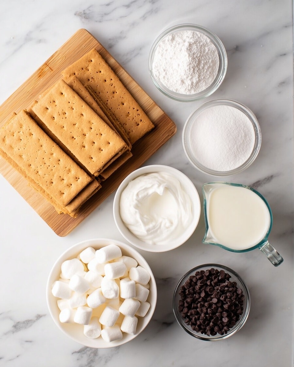 The image shows six light brown rectangular graham crackers stacked on a small wooden board on the left side. Around them, there are five white bowls placed on a white marbled surface: one bowl has white powdery sugar, another has smooth white cream, another has white marshmallows, while one bowl holds small dark brown chocolate chips, and next to them is a clear glass measuring cup filled with milk. The ingredients are neatly arranged and well-lit, showing clear textures and soft shadows. Photo taken with an iphone --ar 4:5 --v 7