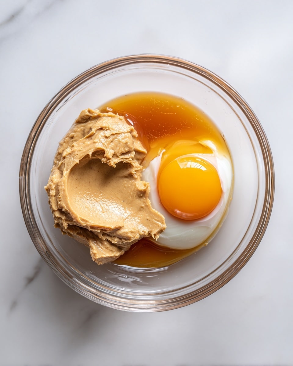 A clear glass bowl sits on a white marbled surface, holding three ingredients in layers. At the bottom, there is a puddle of amber-colored honey with a smooth, liquid texture spread evenly. On top of the honey, a thick dollop of light brown peanut butter with a creamy, slightly rough surface rests. Next to the peanut butter, a raw egg sits with its bright orange yolk and translucent white visible, the yolk slightly touching the peanut butter. photo taken with an iphone --ar 4:5 --v 7