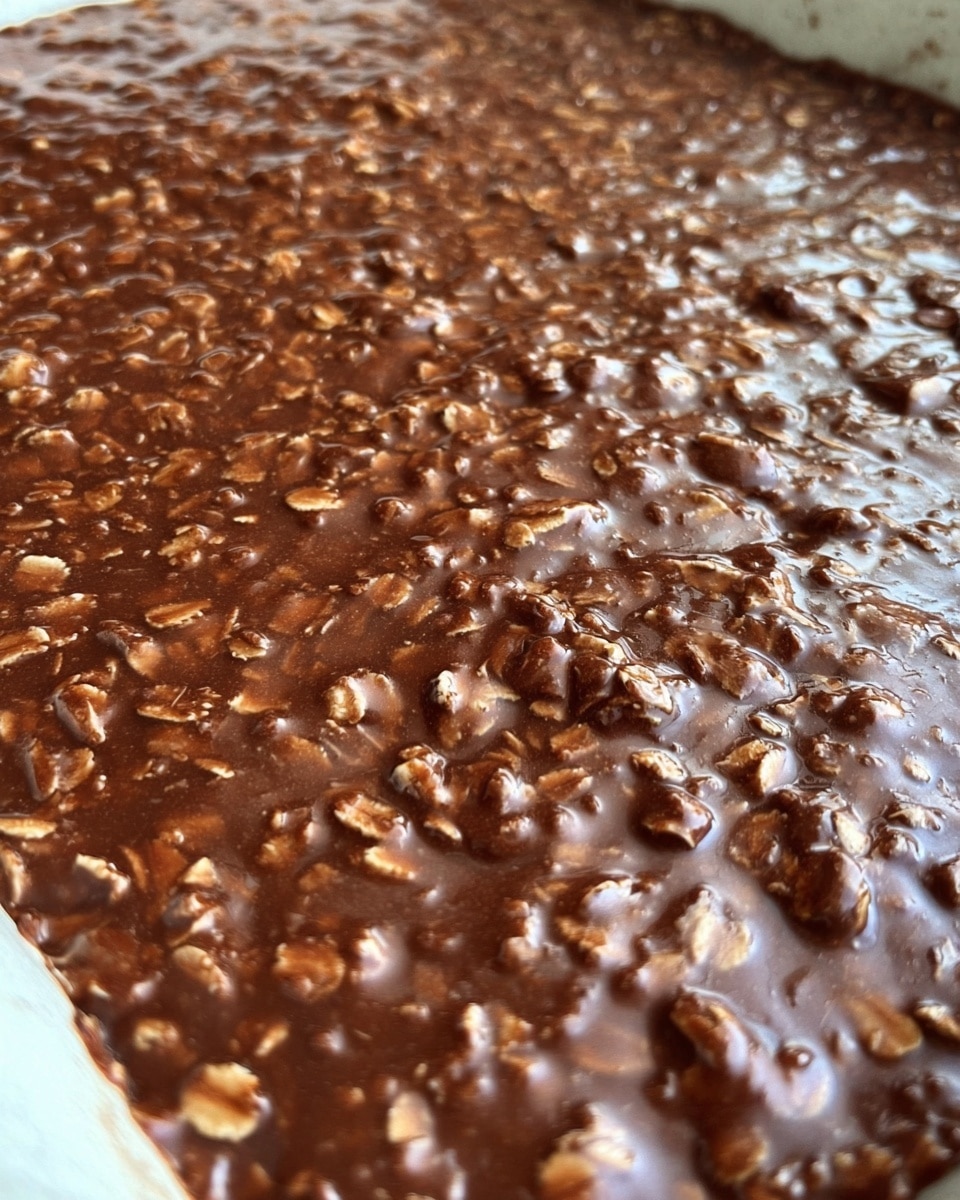 A close-up view of a single thick layer of chocolate and oats mixture spread evenly in a white dish, showing a shiny, smooth chocolate coating with rough oat pieces embedded throughout, creating a textured surface with small bumps and a rich brown color. The white marbled surface is faintly visible around the edges of the dish. photo taken with an iphone --ar 4:5 --v 7
