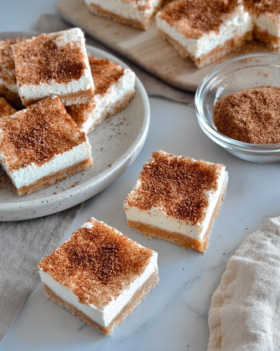 The image shows several square pieces of a dessert with three clear layers: the bottom layer is a light tan crust, the middle layer is thick and white, and the top layer is a brown, crumbly cinnamon and sugar mix sprinkled unevenly across the surface. Most pieces are on a round white plate with a matte finish, and two pieces are placed directly on a white marbled surface nearby. A glass bowl filled with cinnamon sugar mix is visible in the upper right corner, and a beige cloth is partly visible in the lower left corner. The photo taken with an iphone --ar 4:5 --v 7