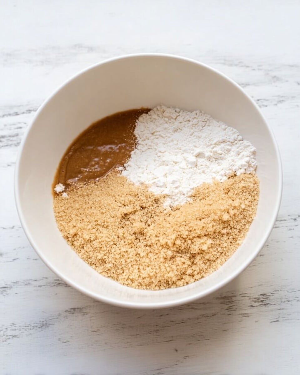 A white bowl sits on a white marbled surface, containing three unmixed layers of ingredients; one layer is smooth and light brown, covering roughly one-third of the bowl on the left side, another layer is powdery white flour positioned on the upper right side, and the last layer is coarse light tan sugar filling the lower right side. The layers are distinctly separate, showing different textures and colors clearly inside the bowl photo taken with an iphone --ar 4:5 --v 7