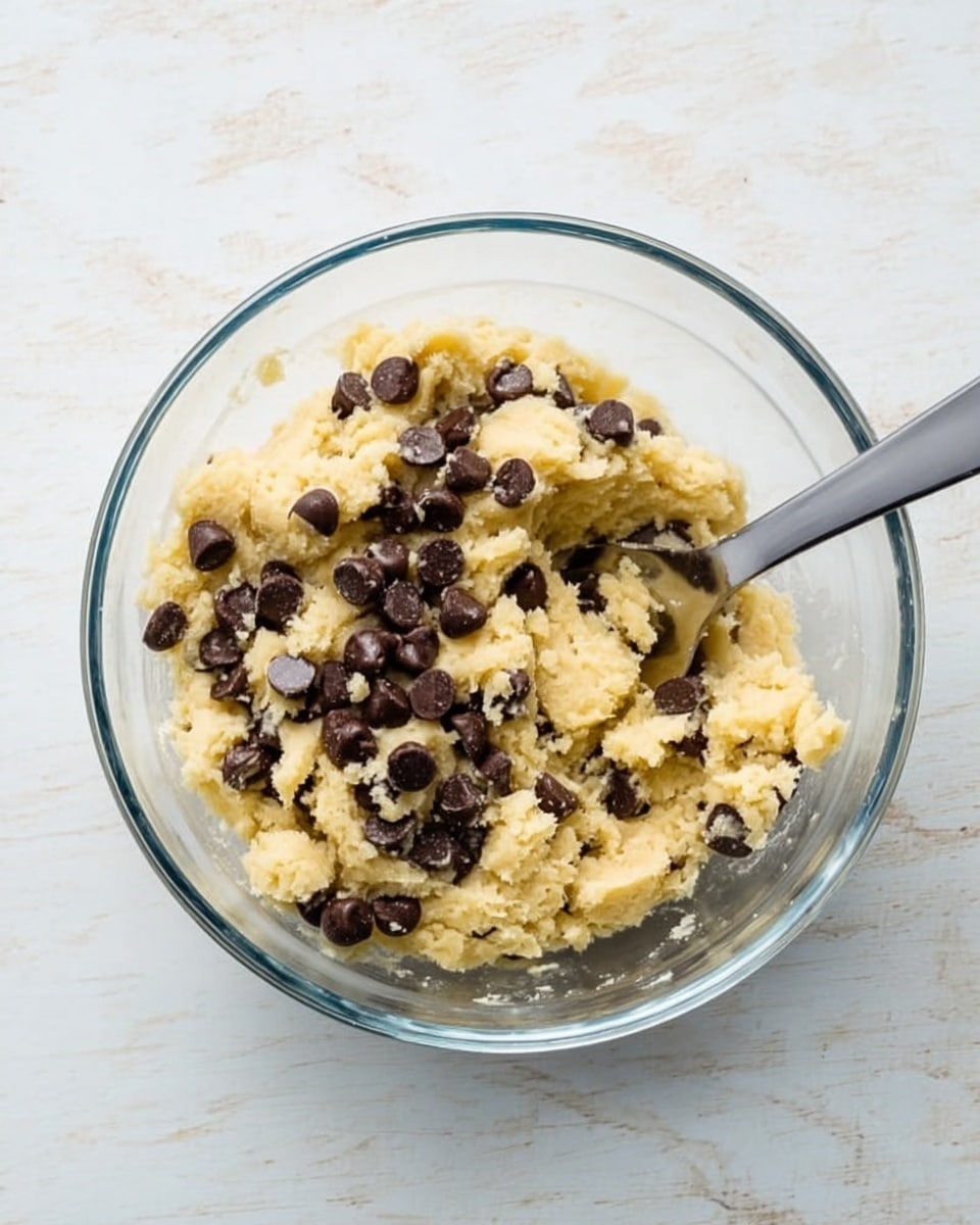A clear glass bowl filled with pale yellow cookie dough mixed with many dark brown chocolate chips scattered throughout. A silver fork rests inside the bowl, slightly sunk into the dough on the right side. The bowl sits on a white marbled surface. photo taken with an iphone --ar 4:5 --v 7