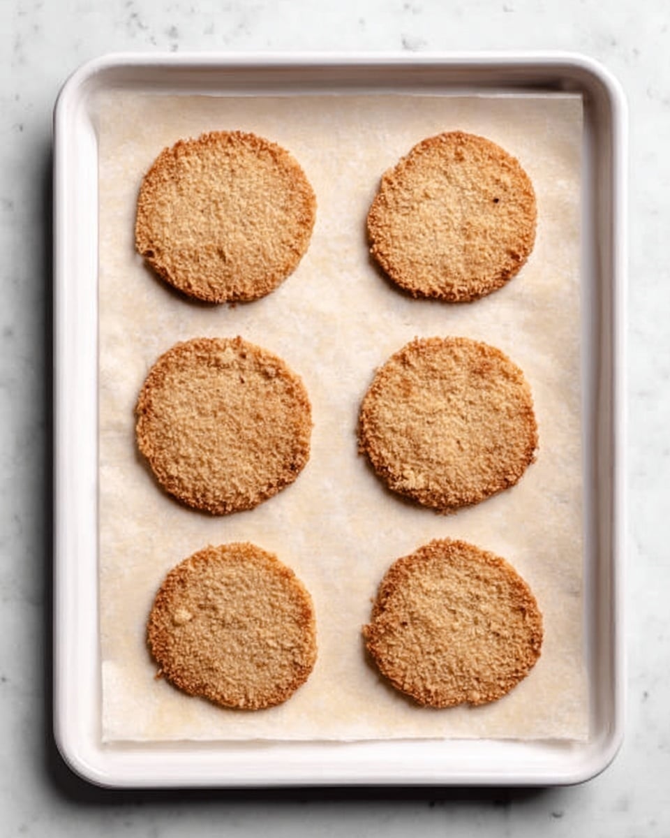 The image shows six round, flat cookies placed on a white baking tray lined with parchment paper. The cookies are light brown with a slightly rough texture, suggesting they are crispy or crunchy. They are evenly spaced in two rows of three, and the tray rests on a white marbled surface. The photo taken with an iphone --ar 4:5 --v 7