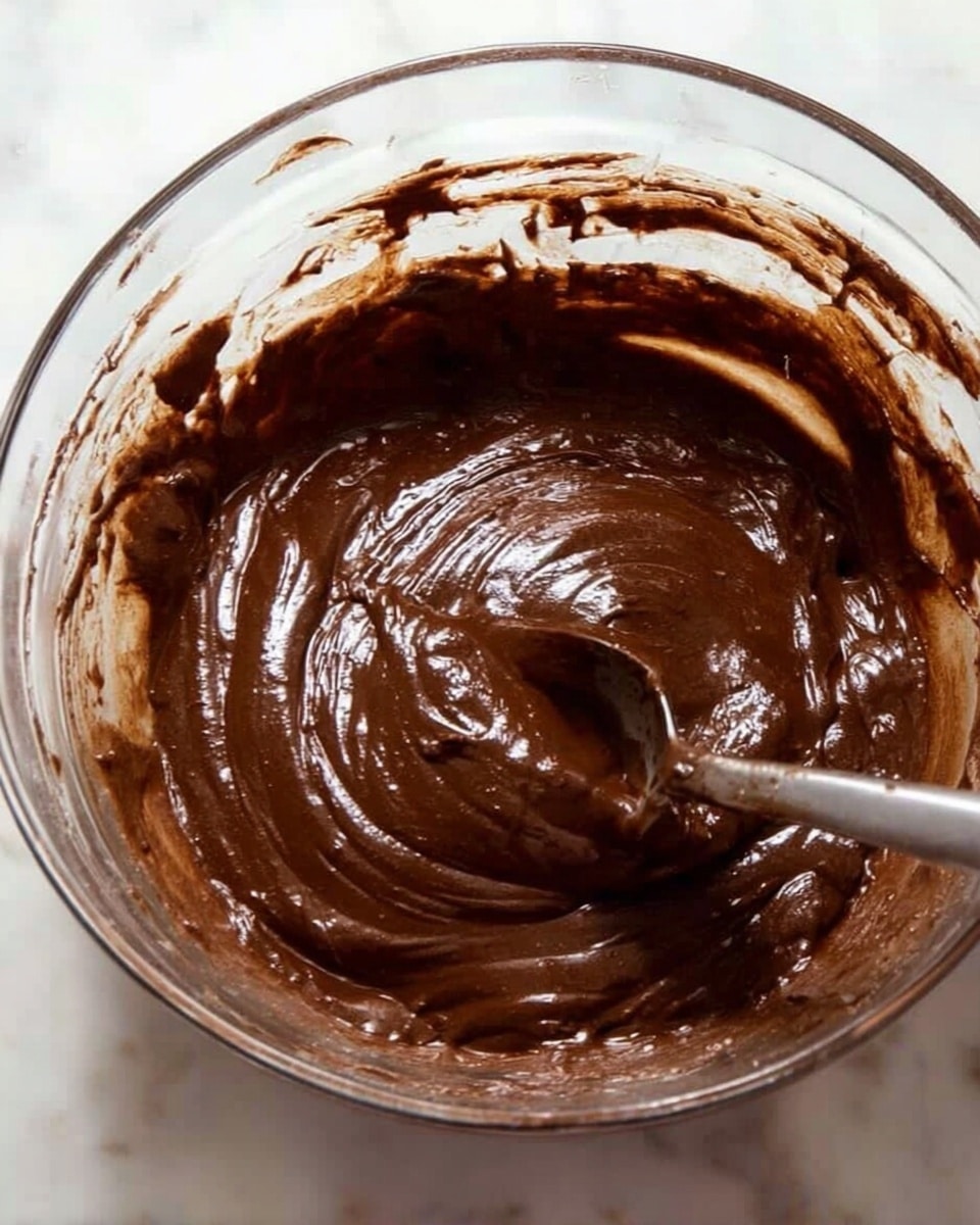 A clear glass bowl filled with thick, shiny, dark brown chocolate batter being stirred by a metal spoon, with visible swirls and smooth texture on the surface. Chocolate batter sticks lightly to the sides of the bowl, showing uneven edges. The bowl is placed on a white marbled surface. photo taken with an iphone --ar 4:5 --v 7