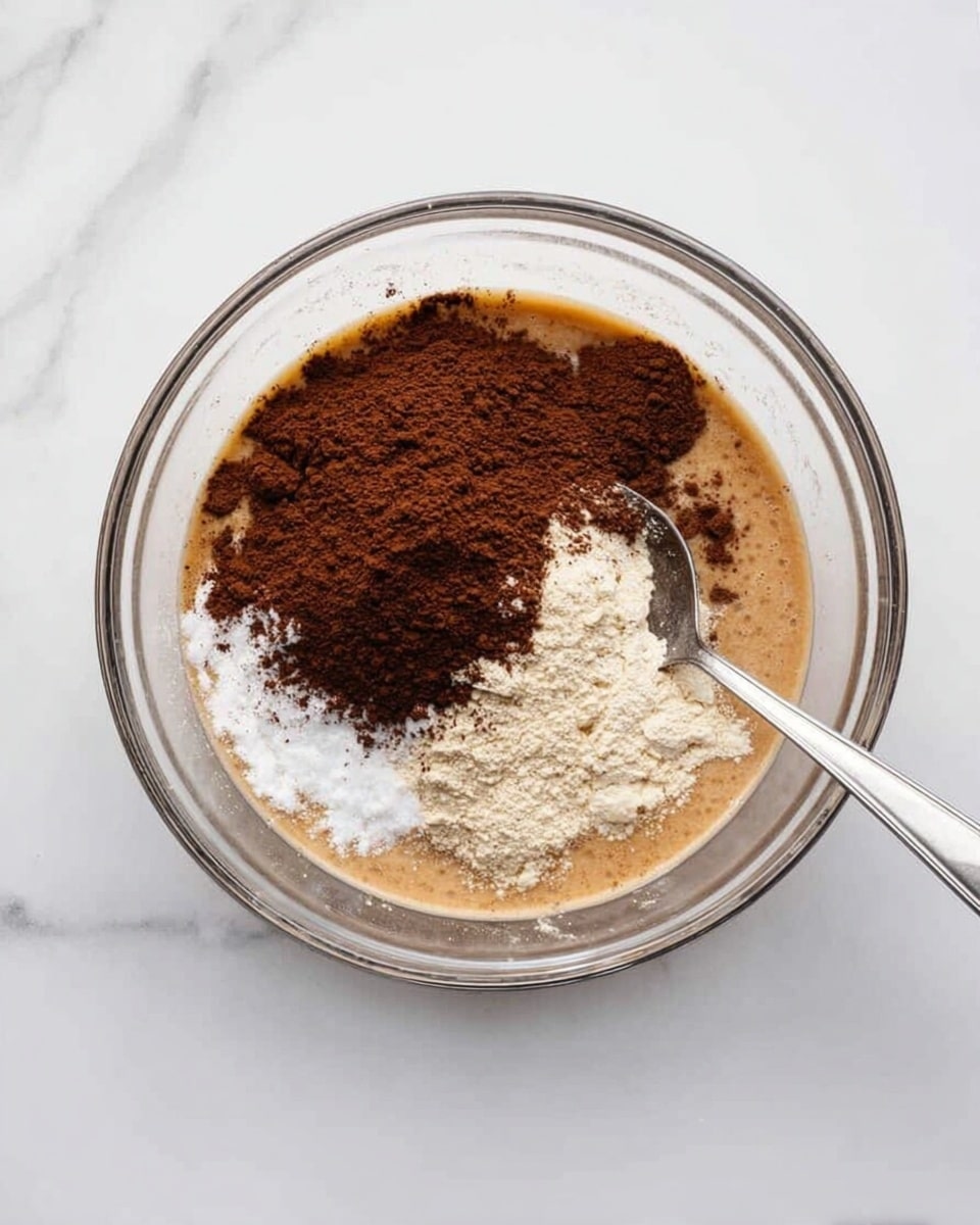 A clear glass bowl sits on a white marbled surface, filled with a mix of ingredients yet to be stirred. The bottom layer is a light brown liquid with a smooth texture. On top of this, there are three separate piles: a dark brown powder covering a large part, a smaller white powder section near the top, and a light beige powder near the bottom. A silver spoon is resting inside the bowl, partially touching the powders and liquid. Photo taken with an iphone --ar 4:5 --v 7